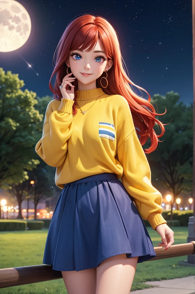 1 female,(Focus on face:1.15),(in the Park at night:1.2)red hair is fluttering,The moon is visible. Stars are visible,(wearing a blue and Yellow stripe Knit Fabric),(Longer sweaters),wearing a skirt,(cute),(upturned eyes),blue eyes,heart earrings,ring,nail art,red long hair,shooting star,smiling,Clear outline,High image quality,high resolution, high quality,4K