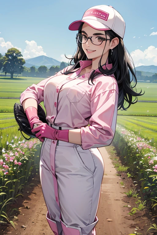 A mature woman with black hair and glasses wearing a baseball cap and blue long-sleeved work clothes, pink patent leather gloves and white rubber boots, working in the fields while smiling Thick eyebrows