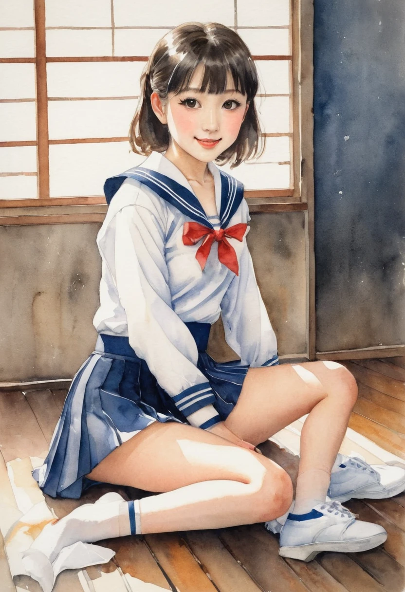 Japanese watercolor painting, 1girl, 1school girl, sailor suit, look at viewer, detailed face, sitting with holding knees on floor, spread legs, symmetrical, white panties in skirt, gentle smile