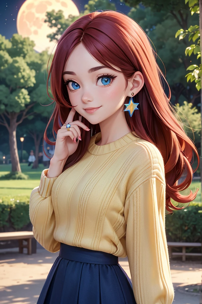1 female,(Focus on face:1.15),(in the Park at night:1.2)red hair is fluttering,The moon is visible. Stars are visible,(wearing a blue and Yellow stripe Knit Fabric),(Longer sweaters),wearing a skirt,(cute),(upturned eyes),blue eyes,heart earrings,ring,nail art,red long hair,shooting star,smiling,Clear outline,High image quality,high resolution, high quality,4K
