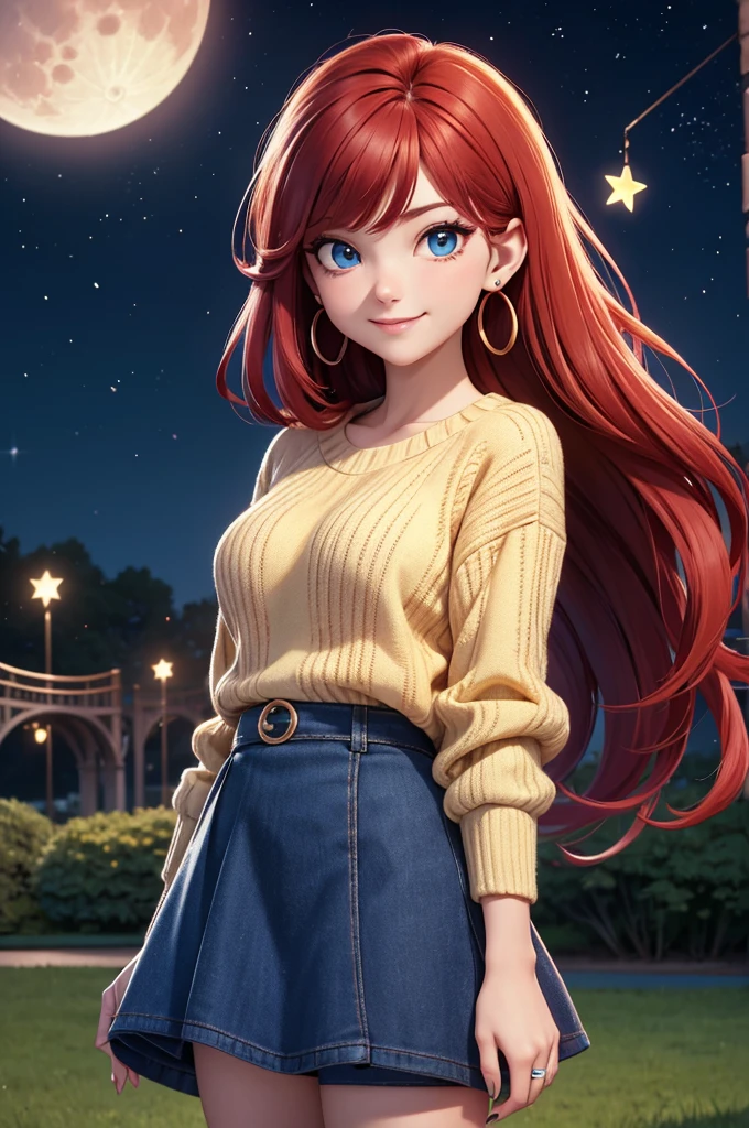 1 female,(Focus on face:1.15),(in the Park at night:1.2)red hair is fluttering,The moon is visible. Stars are visible,(wearing a  blue and Yellow stripe Knit Fabric),(Longer sweaters),wearing a skirt,(cute),(upturned eyes),blue eyes,heart earrings,ring,nail art,red long hair,shooting star,smiling,Clear outline,High image quality,high resolution, high quality,4K