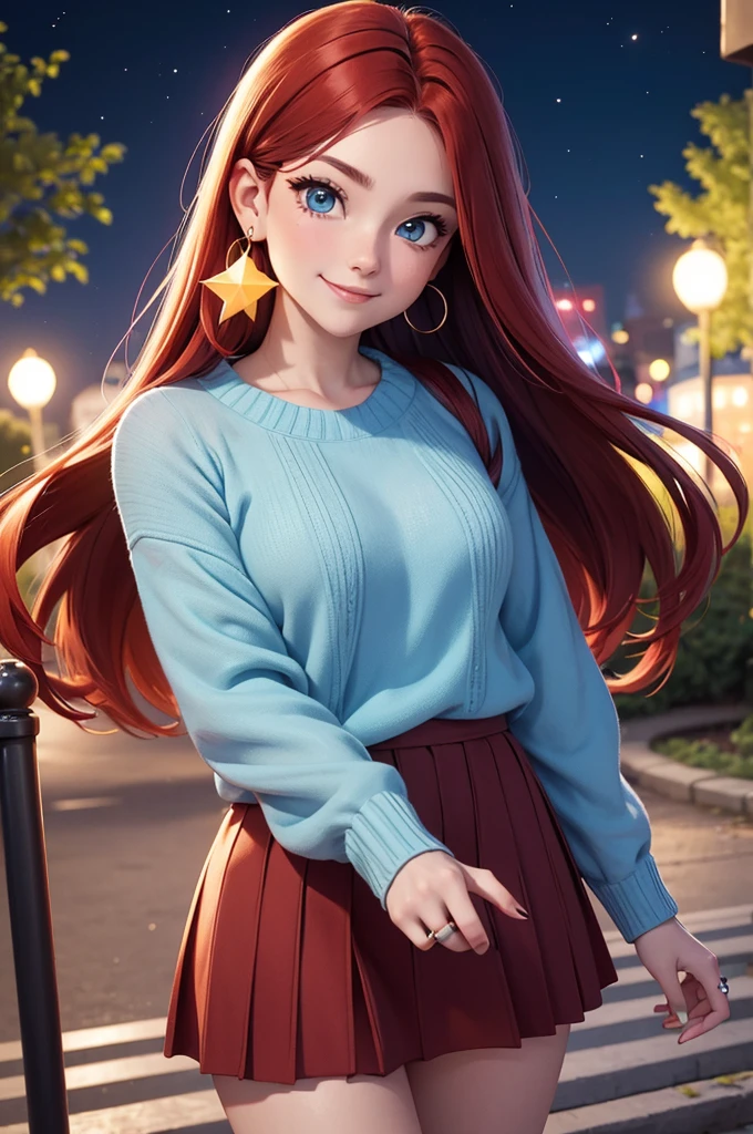 1 female,(Focus on face:1.15),(in the Park at night:1.2)red hair is fluttering,The moon is visible. Stars are visible,(wearing a  blue and Yellow stripe Knit Fabric),(Longer sweaters),wearing a skirt,(cute),(upturned eyes),blue eyes,heart earrings,ring,nail art,red long hair,shooting star,smiling,Clear outline,High image quality,high resolution, high quality,4K