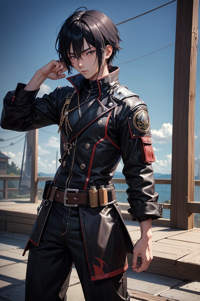an eighteen year old Japanese young man with a cool physique, have fair skin, His eyes are blue and his hair is in an emo style with bangs covering part of his eye on the left side., the young man is six feet tall and two centimeters tall. captured in an ultra-realistic full HD 4K portrait, detailed texture showing its menacing shape, Immersive atmosphere, high definition shadow play, digitalpainting, nevoa no environment.
