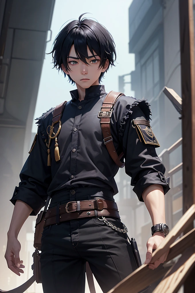 an eighteen year old Japanese young man with a cool physique, have fair skin, His eyes are blue and his hair is in an emo style with bangs covering part of his eye on the left side., the young man is six feet tall and two centimeters tall. captured in an ultra-realistic full HD 4K portrait, detailed texture showing its menacing shape, Immersive atmosphere, high definition shadow play, digitalpainting, nevoa no environment.