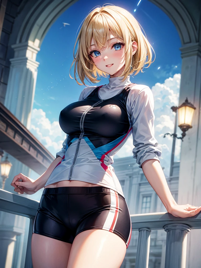 Anime style, super fine illustration, highly detailed, beautiful detailed, pale tone image, static representation, gentle expression, 8k, pretty 1girl with blonde straight short hair & blue eyes & a bright smile & huge breasts & soft fair skin is wearing the black skportswear & sportshorts & sportsjaket in the park, in the morning, in the brilliant particles of lights, romantic stories, solo, perfect 5fingers, perfect arms, perfect legs, masterpiece.