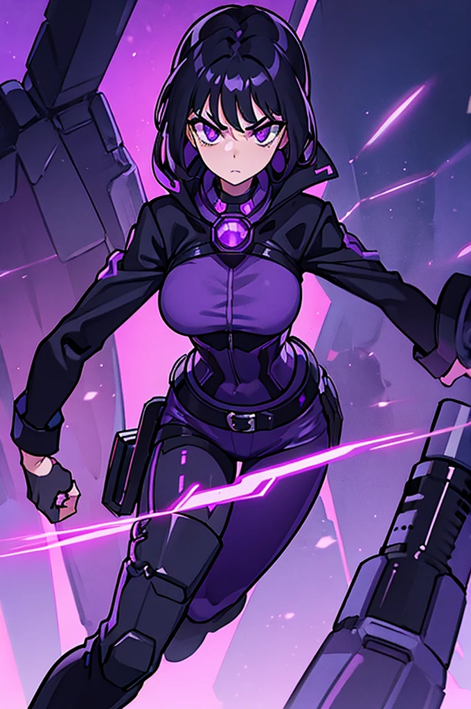 ((best quality, 8k)), ((alone)), 1 girl Beautiful, beautiful, black hair, purple eyes, serious face, purple shirt, black jacket, black pants, leather boots. cyberpunk city in the background