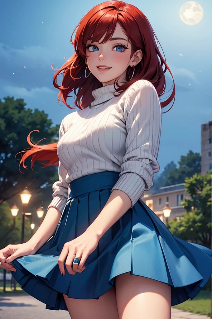 1 female,(Focus on face:1.15),(in the Park at night:1.2)red hair is fluttering,The moon is visible. Stars are visible,(wearing a blue and Yellow stripe Knit Fabric),(Longer sweaters),wearing a skirt,(cute),(upturned eyes),blue eyes,heart earrings,ring,nail art,red long hair,shooting star,smiling,Clear outline,High image quality,high resolution, high quality,4K