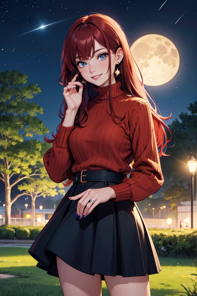 1 female,(Focus on face:1.15),(in the Park at night:1.2)red hair is fluttering,The moon is visible. Stars are visible,(wearing a blue and Yellow stripe Knit Fabric),(Longer sweaters),wearing a skirt,(cute),(upturned eyes),blue eyes,heart earrings,ring,nail art,red long hair,shooting star,smiling,Clear outline,High image quality,high resolution, high quality,4K
