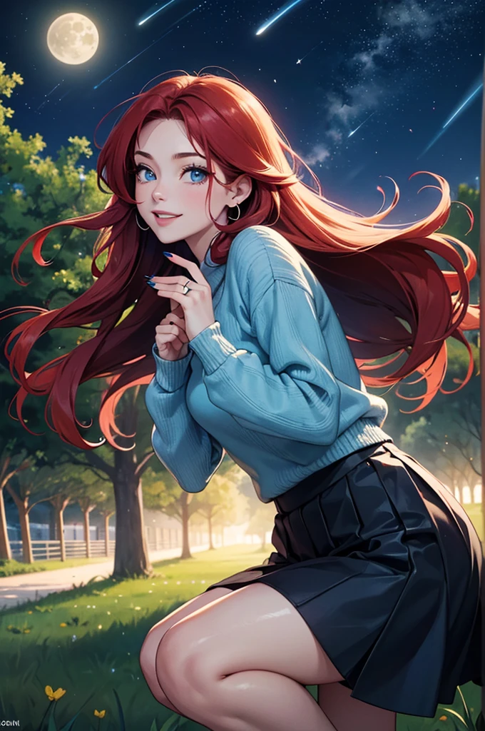 1 female,(Focus on face:1.15),(in the Park at night:1.2)red hair is fluttering,The moon is visible. Stars are visible,(wearing a blue and Yellow stripe Knit Fabric),(Longer sweaters),wearing a skirt,(cute),(upturned eyes),blue eyes,heart earrings,ring,nail art,red long hair,shooting star,smiling,Clear outline,High image quality,high resolution, high quality,4K