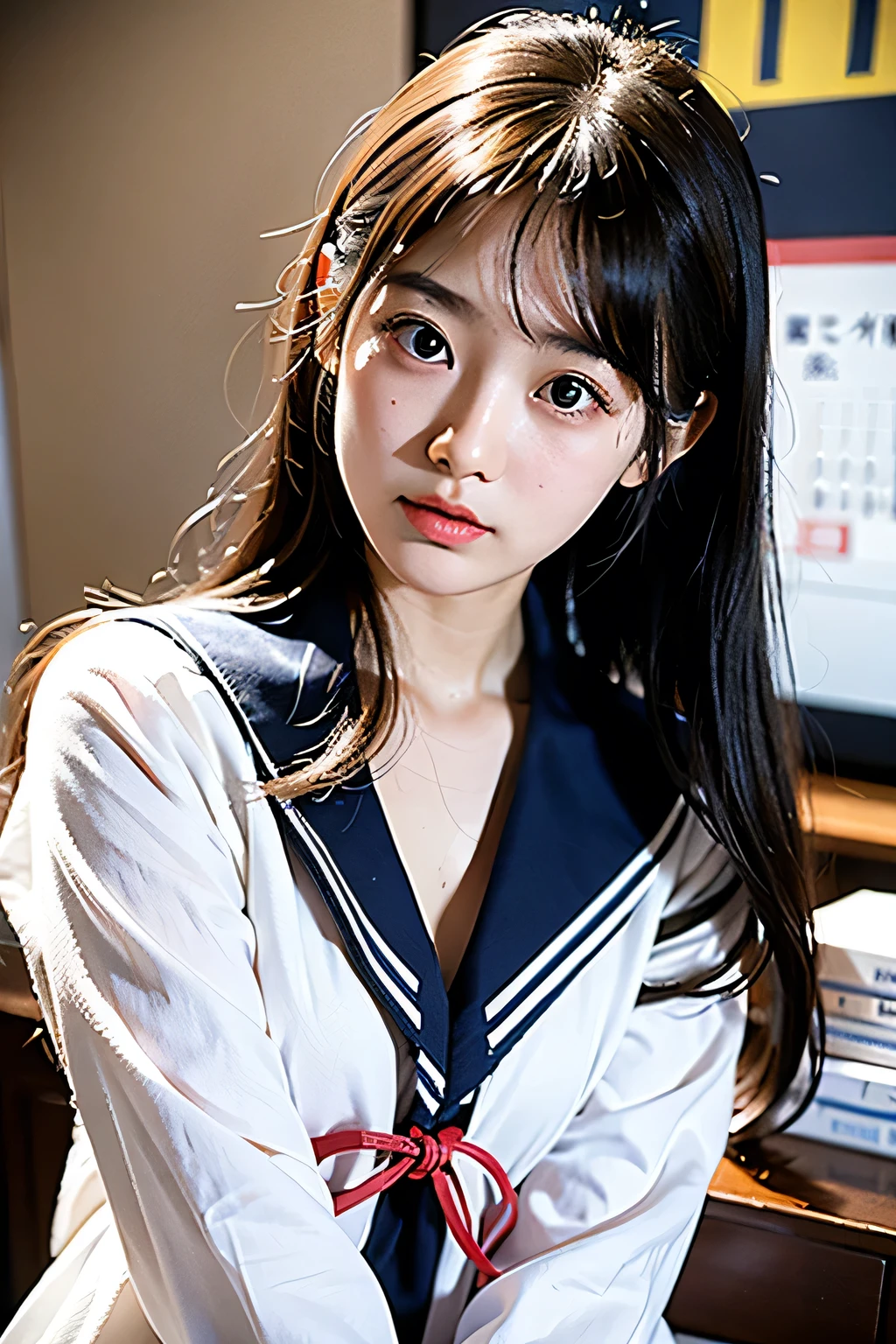 sweet，Full-face photo of a Japanese high school girl wearing a sailor suit