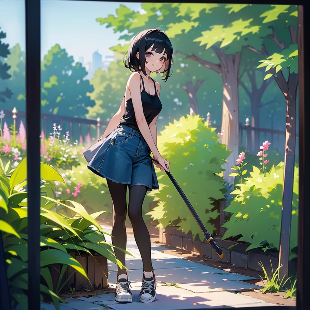 (high quality, High resolution, Very detailed, reality:1.37), Peaceful atmosphere, (Outdoor, garden), age girl standing alone, (my breasts are big.), Beautiful details, Cute Smile, (Black bob hair), camisole, Denim skirt, Black tights, sneakers.