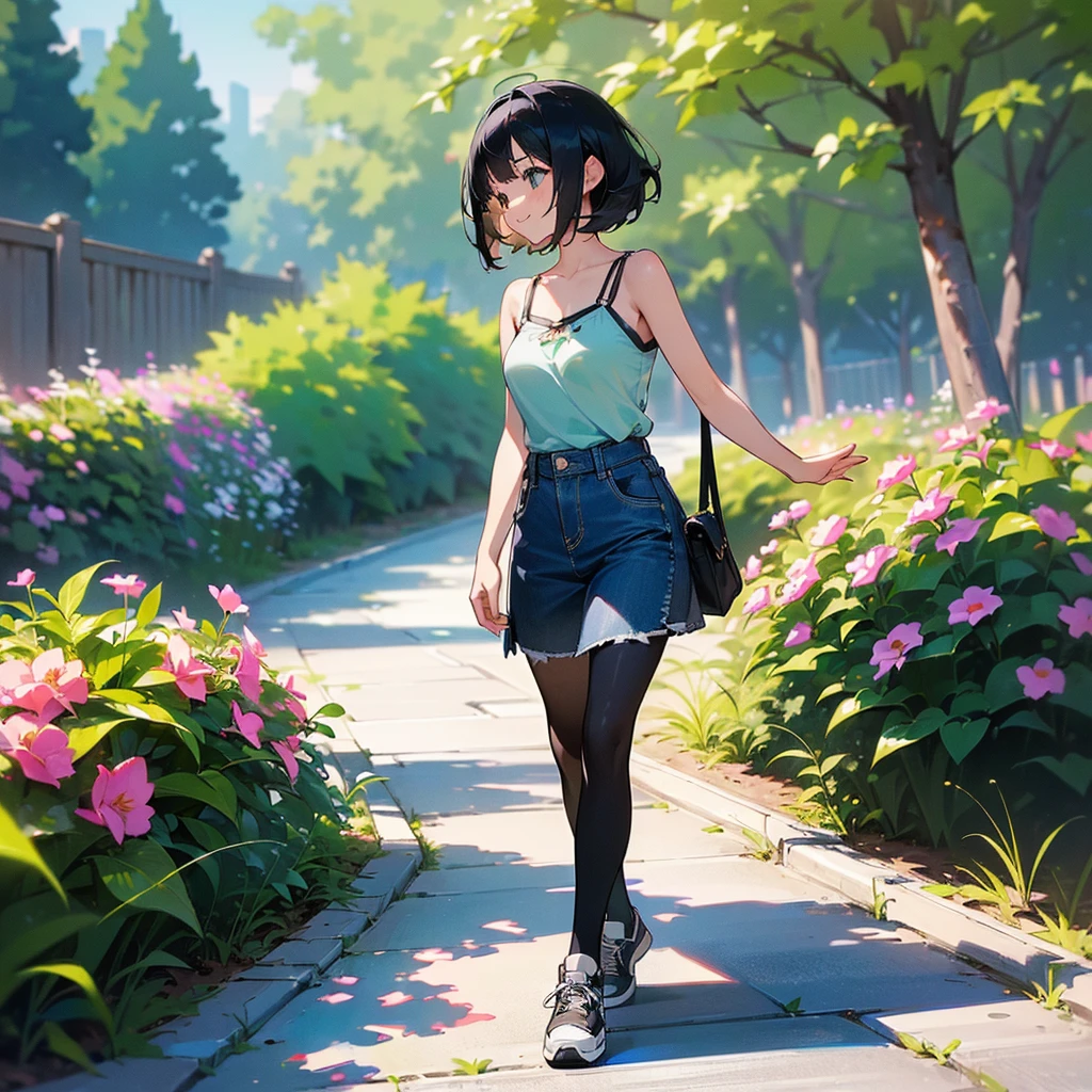 (high quality, High resolution, Very detailed, reality:1.37), Peaceful atmosphere, (Outdoor, garden), Teenage girl standing alone, (my breasts are big.), Beautiful details, Cute Smile, (Black bob hair), camisole, Denim skirt, Black tights, sneakers.