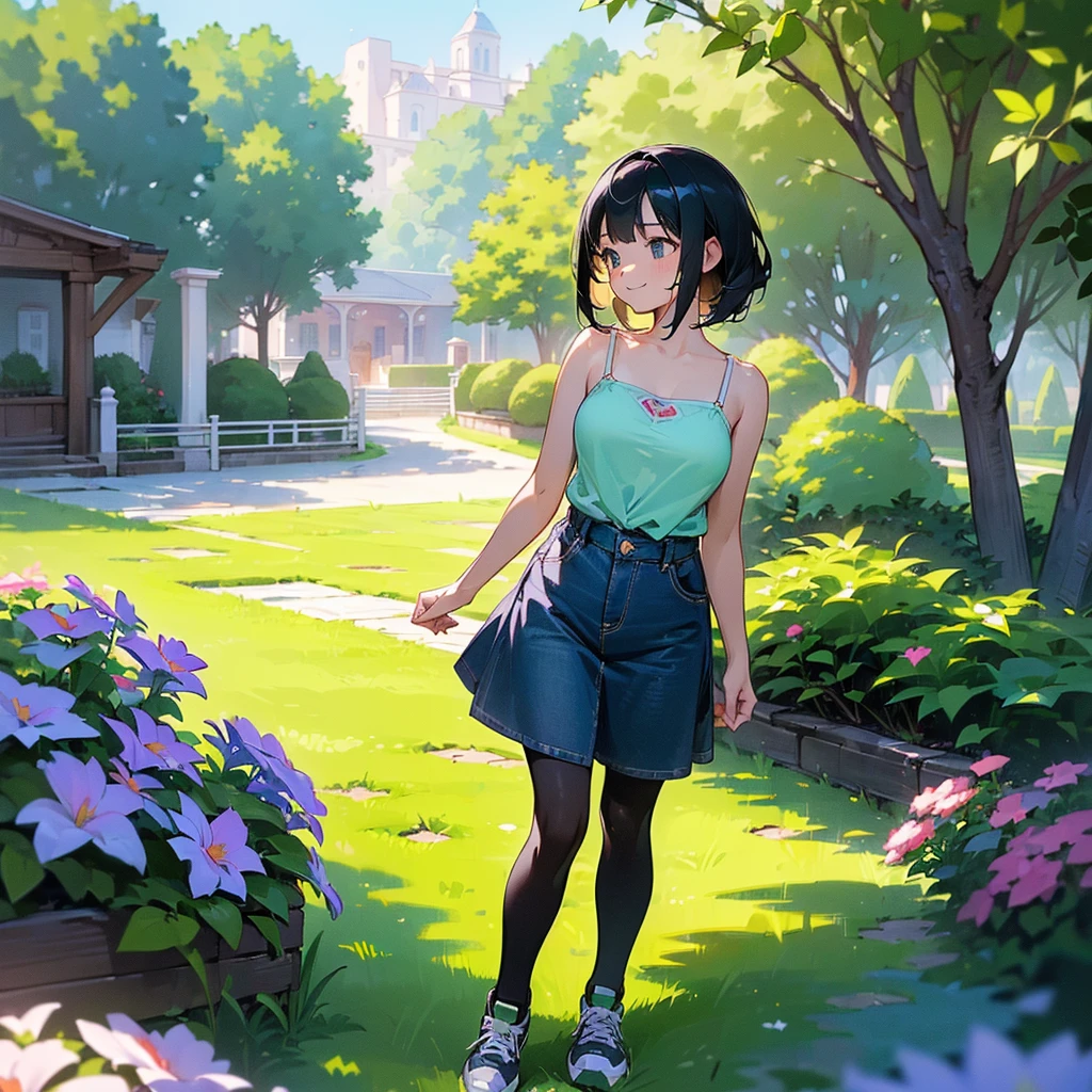 (high quality, High resolution, Very detailed, reality:1.37), Peaceful atmosphere, (Outdoor, garden), Teenage girl standing alone, (my breasts are big.), Beautiful details, Cute Smile, (Black bob hair), camisole, Denim skirt, Black tights, sneakers.