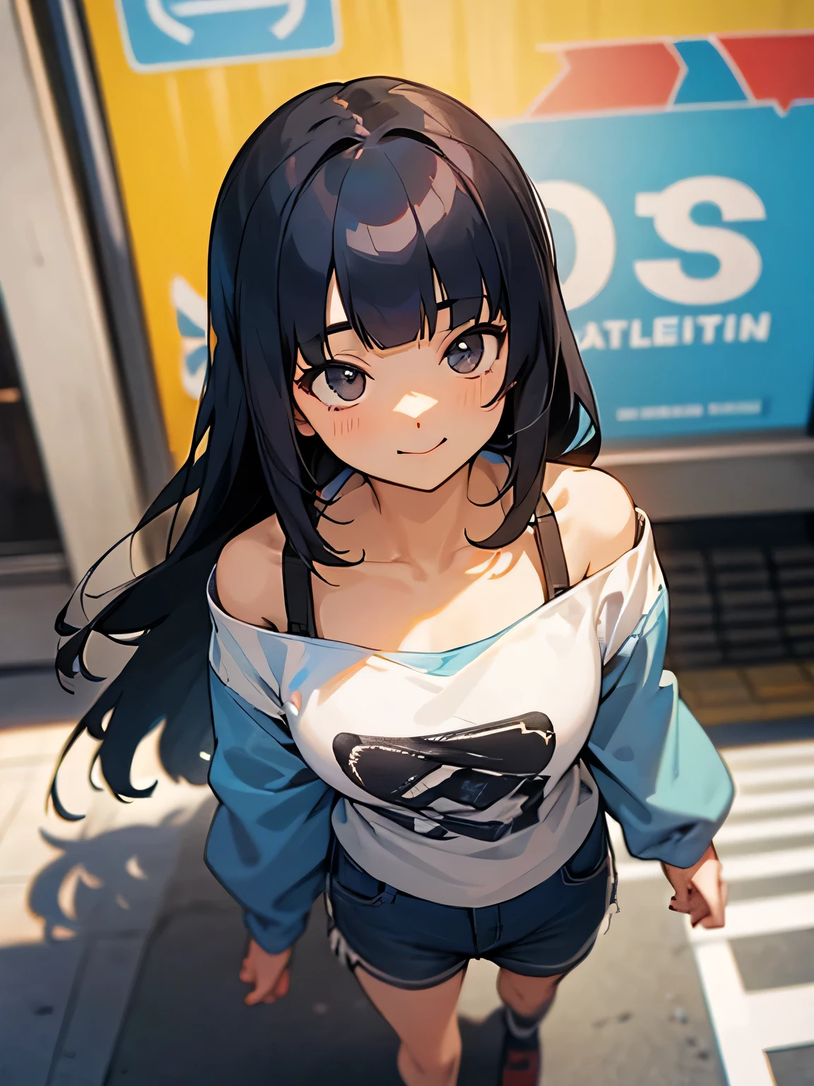 from above:1.3,solo, walking through, black long hair, (blunt bangs), tsurime, off shoulder, thin pastel blue t-shirts, mini pants, (I'm the main character), looking away, on the street, on the shopping street, looking at the show window,happy smile,(たくさん買い物した）