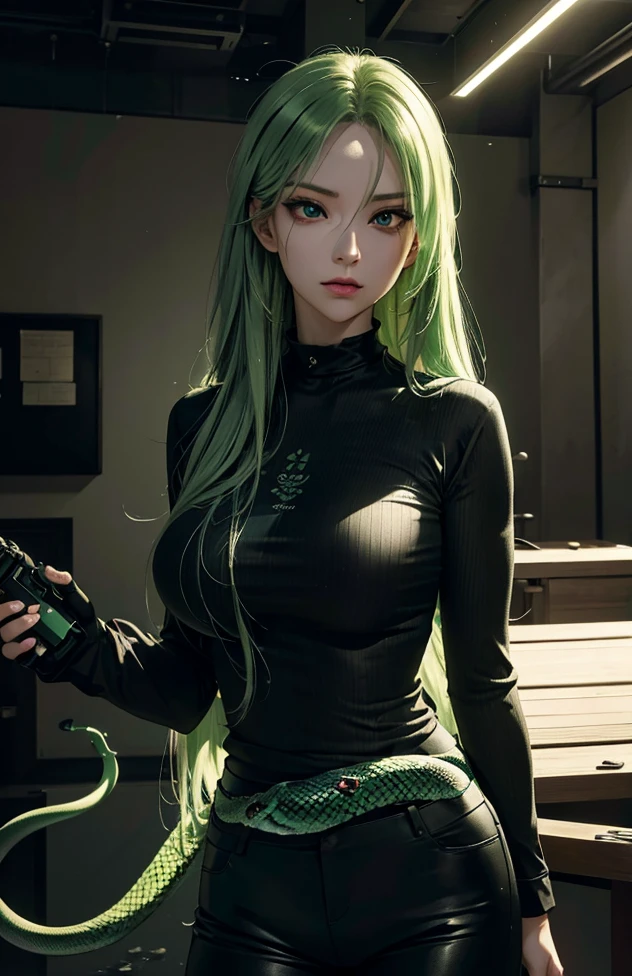 a woman with long green hair, high detailed, realistic, ultra realistic, villain, wearing a black shirt and short pants, green acid spray coming out of her mouth, ((red snake eyes)), (best quality,4k,8k,highres,masterpiece:1.2),ultra-detailed,(realistic,photorealistic,photo-realistic:1.37),detailed skin,detailed clothing,dramatic lighting,cinematic composition