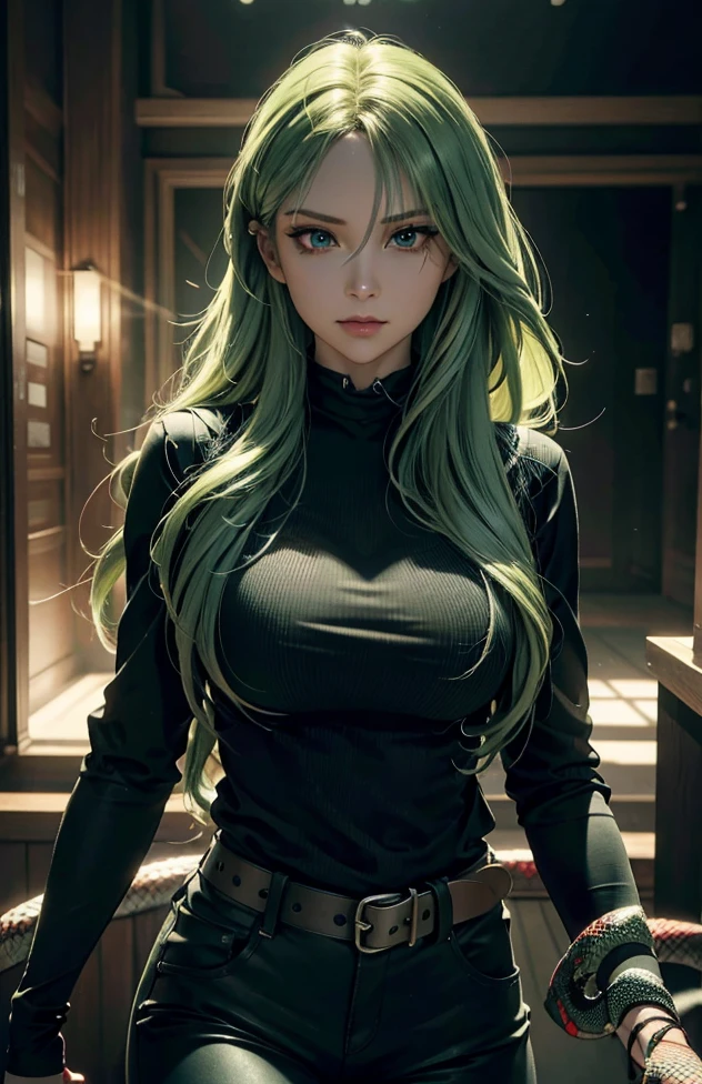 a woman with long green hair, high detailed, realistic, ultra realistic, villain, wearing a black shirt and short pants, green acid spray coming out of her mouth, ((red snake eyes)), (best quality,4k,8k,highres,masterpiece:1.2),ultra-detailed,(realistic,photorealistic,photo-realistic:1.37),detailed skin,detailed clothing,dramatic lighting,cinematic composition