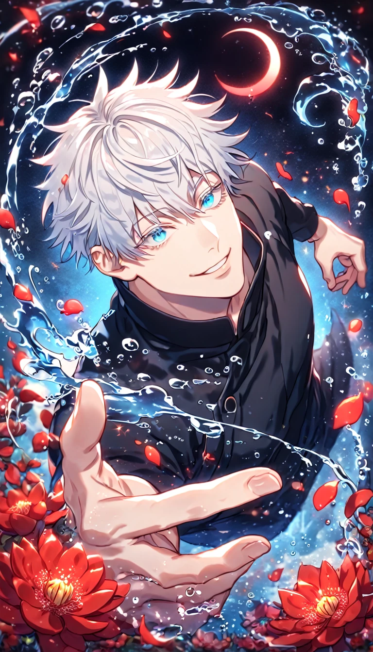 absurdres, highres, ultra detailed, HDR, master piece, Gojou Satoru, white hair with bangs, white eyelashes, expressive blue eyes, black clothes, Jujutsu Kaisen, sexy man, handsome, best quality, red glittering crescent moon, red flowers, fantasy, magical, solo, water, red shining fireflies, red petals, sensual, horny, manly man, handsome smile,