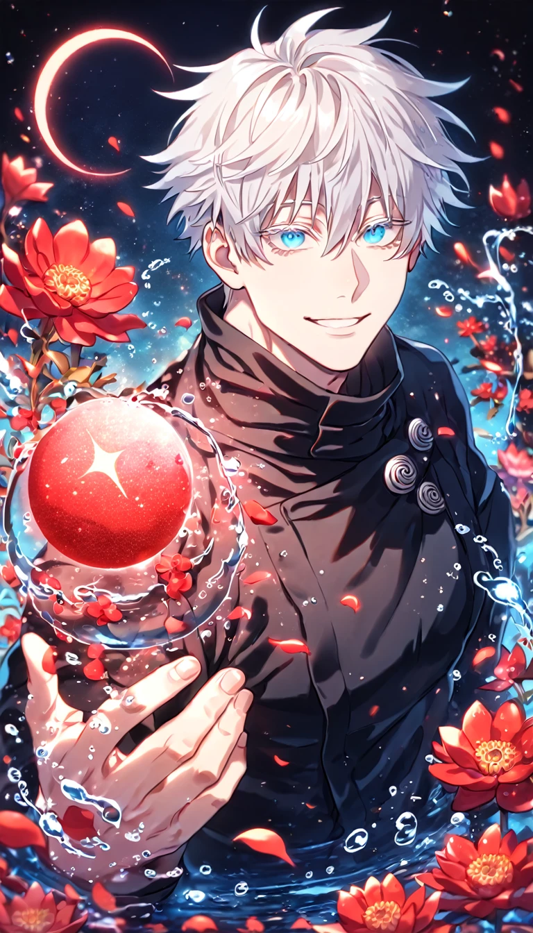 absurdres, highres, ultra detailed, HDR, master piece, Gojou Satoru, white hair with bangs, white eyelashes, expressive blue eyes, black clothes, Jujutsu Kaisen, sexy man, handsome, best quality, red glittering crescent moon, red flowers, fantasy, magical, solo, water, red shining fireflies, red petals, sensual, horny, manly man, handsome smile,