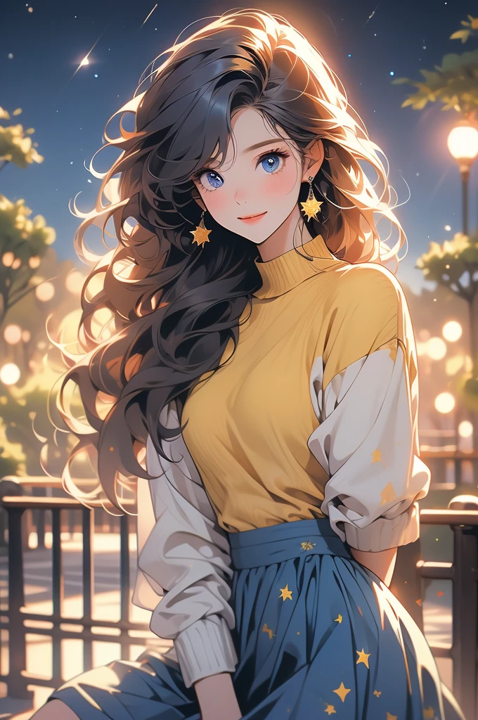 1 female,(Focus on face:1.15),(in the Park at night:1.2)red hair is fluttering,The moon is visible. Stars are visible,(wearing a  blue and Yellow stripe Knit Fabric),(Longer sweaters),wearing a skirt,(cute),(upturned eyes),blue eyes,heart earrings,ring,nail art,red long hair,shooting star,smiling,Clear outline,High image quality,high resolution, high quality,4K