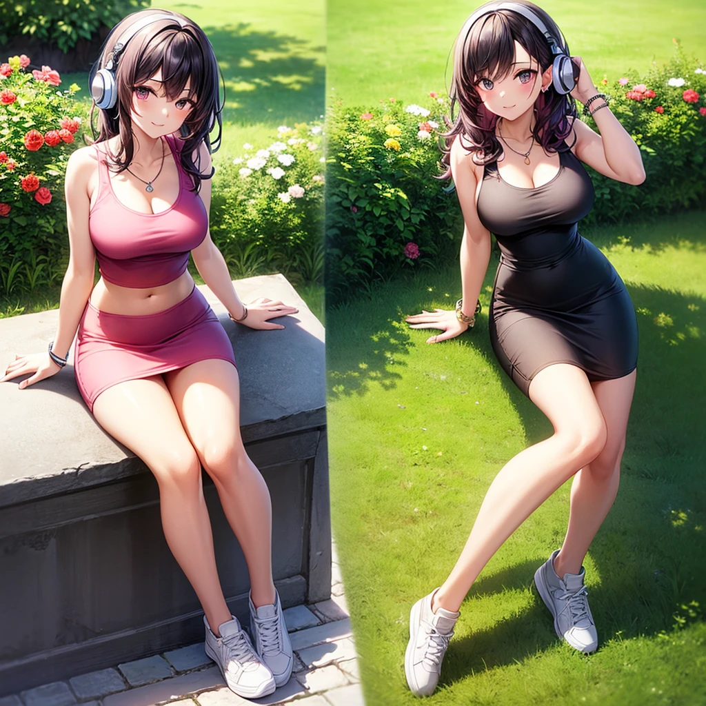 masterpiece, best quality, high detail, 1girl, beautiful woman, medium wavy hair, dark purple hair, large bust, wearing pink tank top and black midi pencil skirt, white sneakers, headphones, midriff, necklace, bracelet, collarbone, garden, grass, stone, full body, looking at viewer, light smile, view from above
