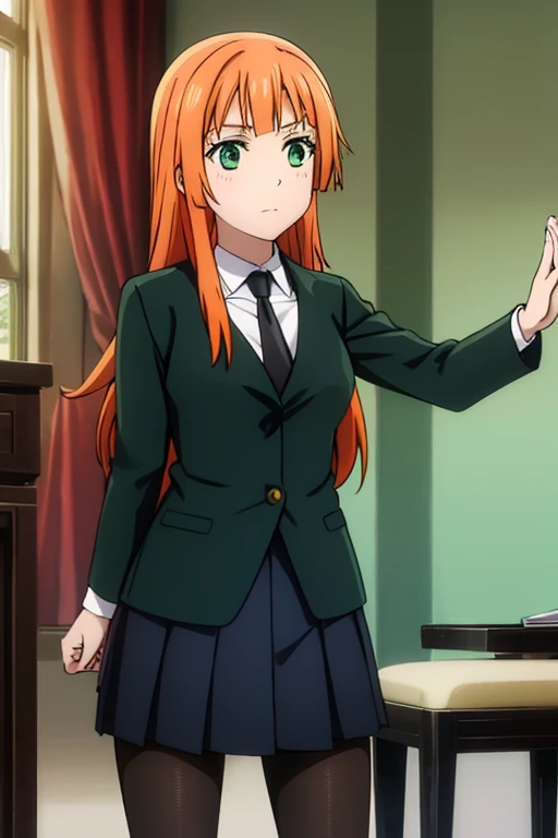 Detailed, long orange hair, green eyes, black skirt, tights, majenta green blazer jacket