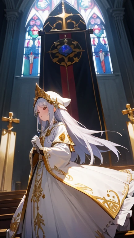 In front of the altar of a majestic church、casting judgement with magic, her voice echoing beautifully. Magic gathers around her, enveloping her in a holy aura as she chants girl with long silver hair, Classic White Wedding Dresses、long white embroidered gloves, ceremonial robes, mass vestments, , enormous puffy sleeves, long cuffs with many buttons, golden embroidery, cross details, Long Train, lots of frills and lace, red capes, gently reaches out to you, gentle smile