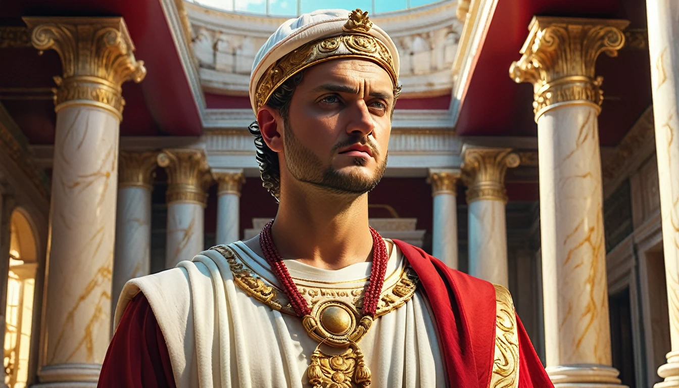 a highly detailed and intricate ancient Roman style palace, opulent and grandiose, golden ornate columns, marble architecture, Caligula-era Roman emperor, wearing a flowing white toga with a red "MAGA" baseball cap, confident and authoritative pose, dramatic lighting, cinematic camera angle, rich warm color tones, photorealistic, 8k, best quality