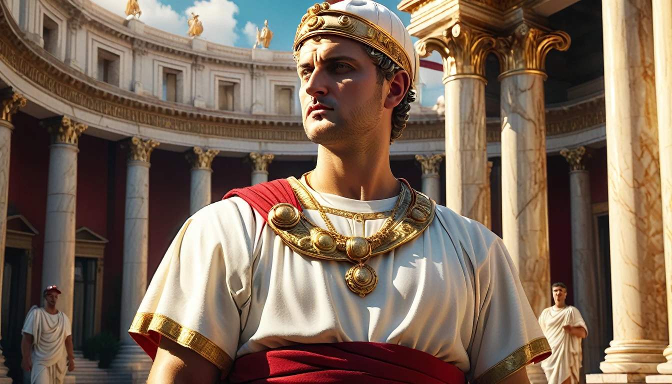 a highly detailed and intricate ancient Roman style palace, opulent and grandiose, golden ornate columns, marble architecture, Caligula-era Roman emperor, wearing a flowing white toga with a red "MAGA" baseball cap, confident and authoritative pose, dramatic lighting, cinematic camera angle, rich warm color tones, photorealistic, 8k, best quality