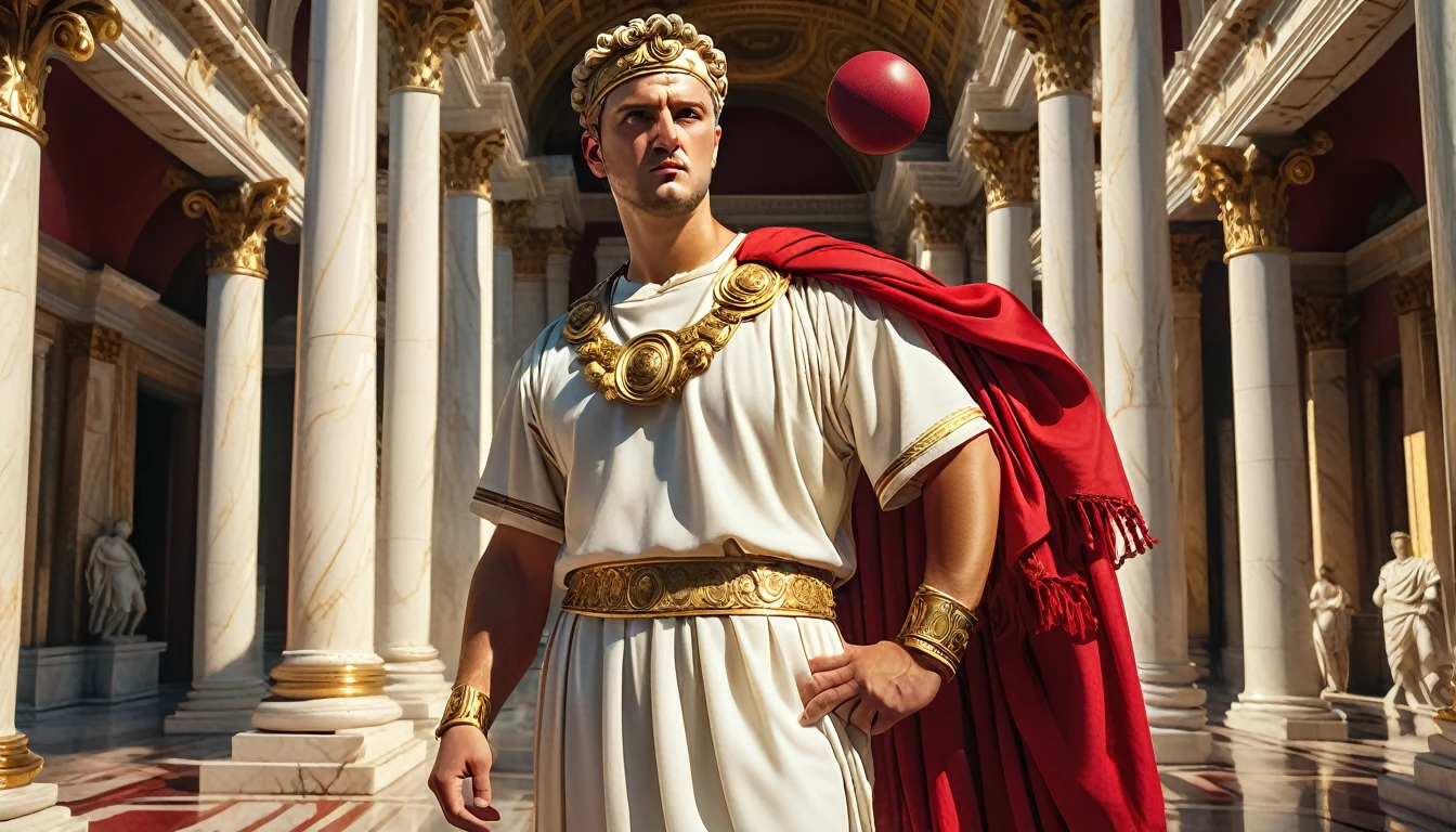 a highly detailed and intricate ancient Roman style palace, opulent and grandiose, golden ornate columns, marble architecture, Caligula-era Roman emperor, wearing a flowing white toga with a red "MAGA" baseball cap, confident and authoritative pose, dramatic lighting, cinematic camera angle, rich warm color tones, photorealistic, 8k, best quality