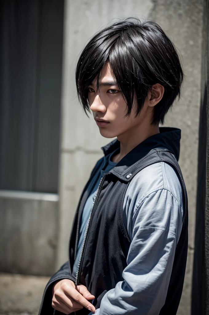 a young Japanese man of eighteen years of age, have fair skin, His eyes are blue and his hair is in an emo style with bangs covering part of his eye on the left side., the young man is six feet tall and two centimeters tall. captured in an ultra-realistic full HD 4K portrait, detailed texture showing its menacing shape, Immersive atmosphere, high definition shadow play, digitalpainting, nevoa no environment.