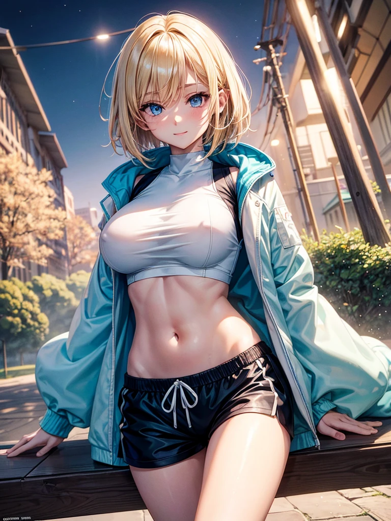 Anime style, super fine illustration, highly detailed, beautiful detailed, pale tone image, static representation, gentle expression, 8k, pretty 1girl with blonde straight short hair & blue eyes & a bright smile & huge breasts & soft fair skin is wearing the black skportswear  & sportshorts & sportsjaket in the park, in the morning, in the brilliant particles of lights, romantic stories, solo, perfect 5fingers, perfect arms, perfect legs, masterpiece.