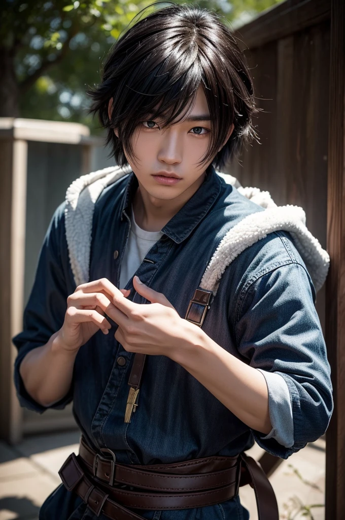 a young Japanese man of eighteen years of age, have fair skin, His eyes are blue and his hair is in an emo style with bangs covering part of his eye on the left side., the young man is six feet tall and two centimeters tall. captured in an ultra-realistic full HD 4K portrait, detailed texture showing its menacing shape, Immersive atmosphere, high definition shadow play, digitalpainting, nevoa no environment.