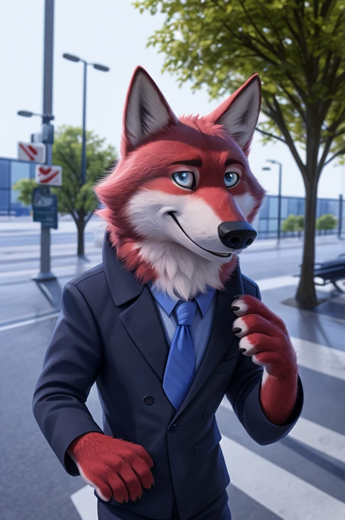 Ivan Wolfbach (Аэропорт Domodedovo),high,Beautiful,slim,24 years,wolf, red fur,high Beautiful wolf, 24 years,(red body:1.3),beautiful blue eyes,Domodedovo, Russia, blazer, White shirt, blue tie, trousers,canine, wolf, detailed fur, Male, second, paw pads, finger claws, At the viewer, 5 fingers, paws, 5 fingers,day,digital photography, soft focus,Good mood на стойке регистрации,,photorealism, realistic, photorealistic,digital style,from close walks around the city, Very close to the camera, digital photography, positive smile, Good,mood, At the airport, it&#39;s hard to see with glasses, pilot patch, 4 yellow stripes on sleeves., 
masterpiece, Best quality, ultra realistic, 8 thousand.)