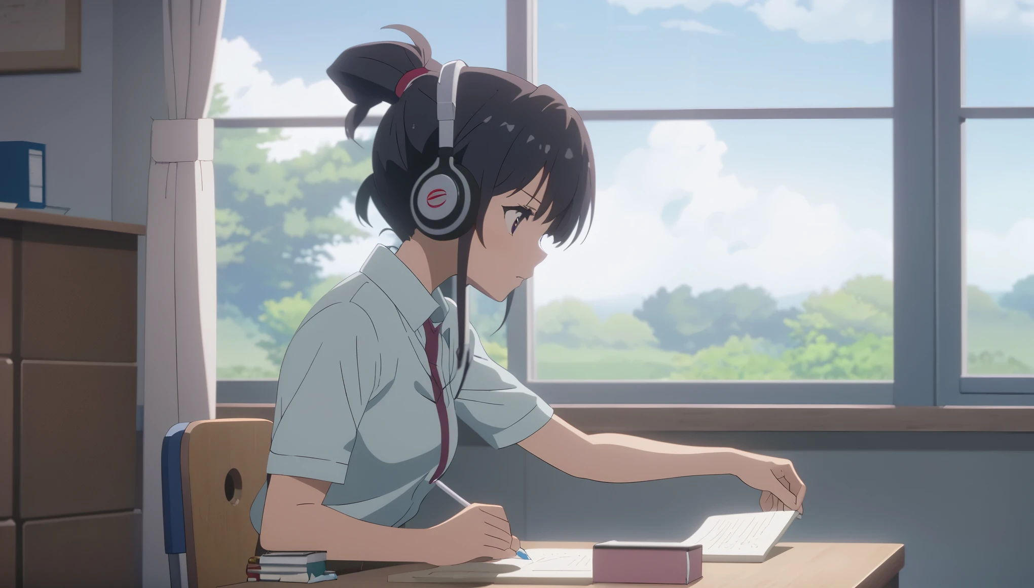Anime girl sitting at a desk writing with headphones on,Anime scene of a girl sitting at a desk and writing in a notebook, yourname movie style, yourname, Anime movie stills, Anime movie screenshots, Anime movie screenshots, Makoto Shinkai style, Studio Greeble Makoto Shinkai, Today's featured anime is still, Anime still film Anime colored paper, A still from the anime, Scenes from animated movies、8K