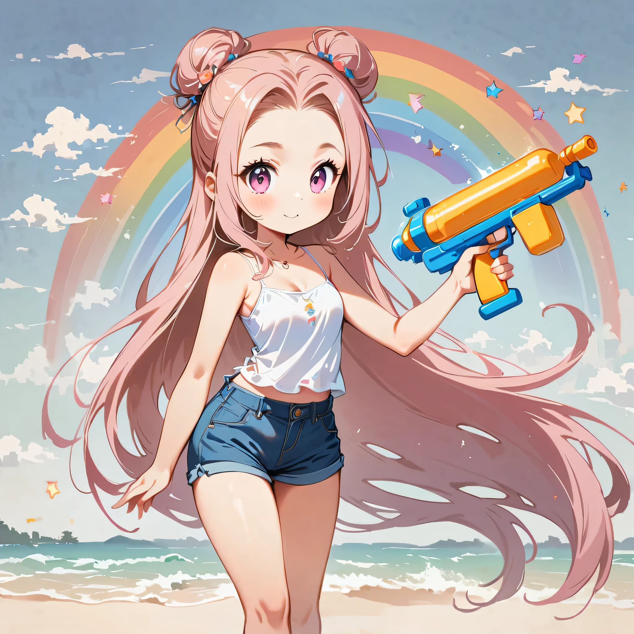 1 person,camisole、Wearing short jeans pants、Pink eyes,(Pale pink girl)、(((Abnormally long hair))),Forehead exposed bun hairstyle、Paint a rainbow on a blue sky background、Play with a water gun、Cartoon style character design,interesting,interesting,Clean Lines