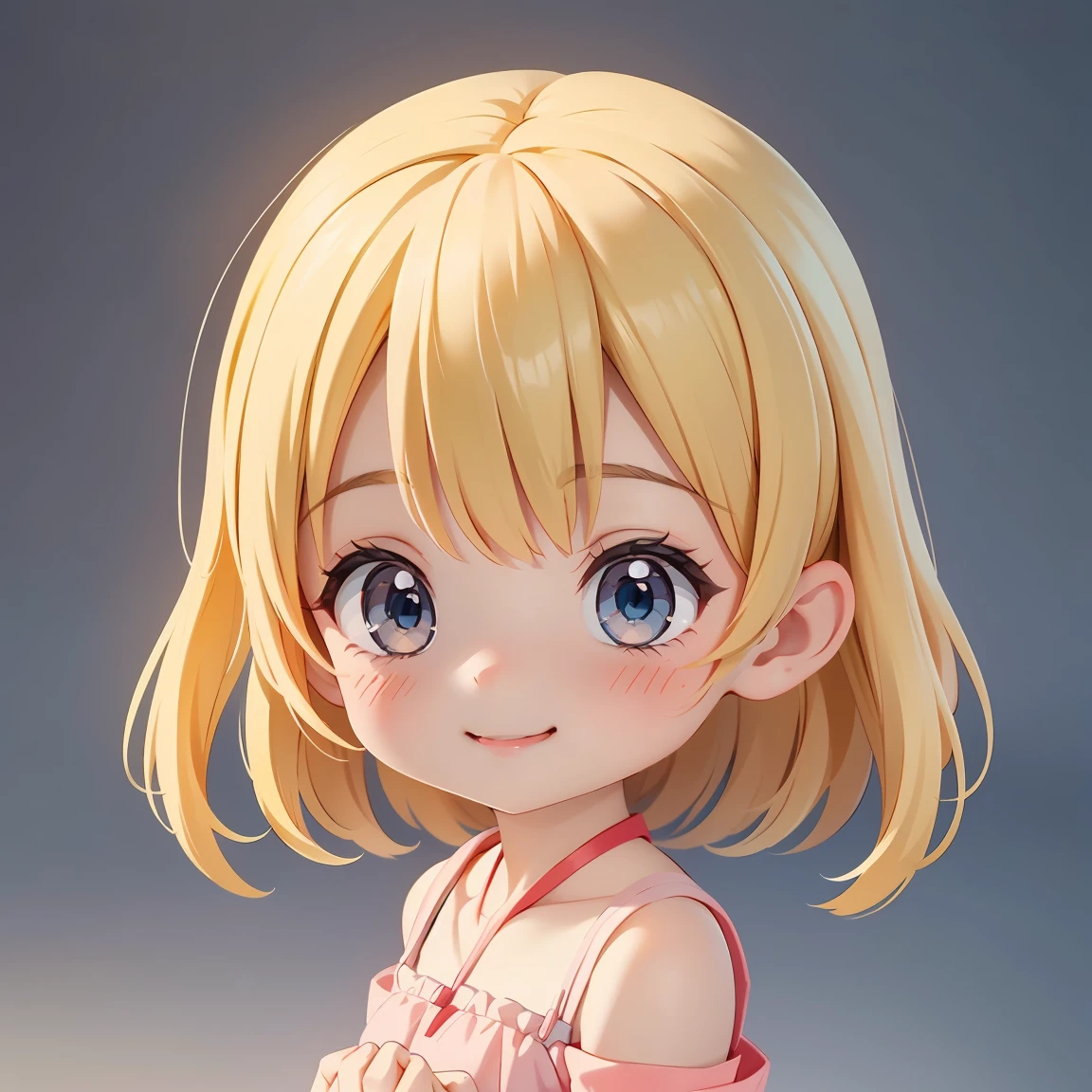 Super Chibi Character:1.8、wearing cute sandals、All-over simple and light color background:1.8、Blonde Hair、Cute 7 year old girl、Random cute outfits、Super Chibi Character:1.8、smile、Smile、Hands raised、Hands raised