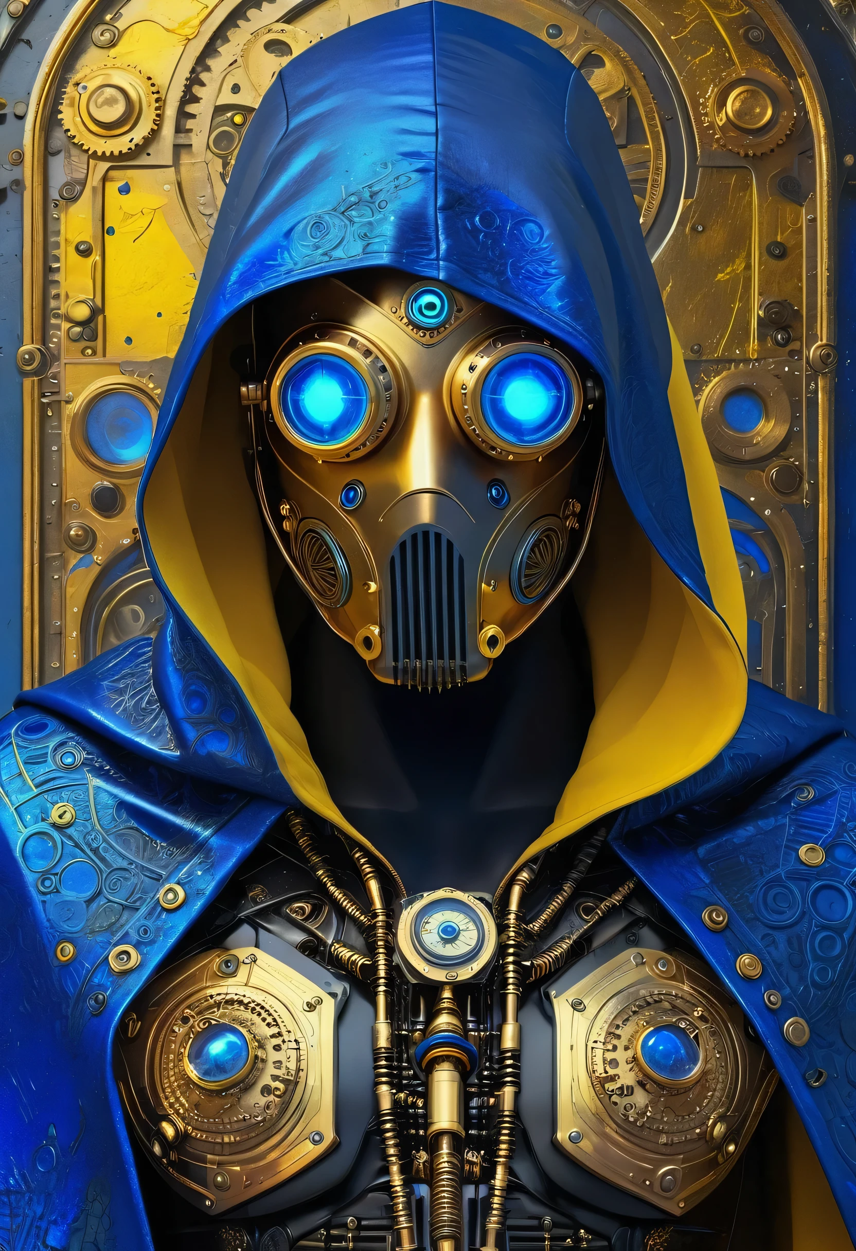 Hacked hooded dude in black cape, masked face high tech vaporpunk steampunk, man with steampunk implants, torso, futuristic vintage biomechanics, royal blue, golden yellow, blue and yellow painting with high relief texture, 4D, 8k, high tech, futuristic, ornamental photorealism