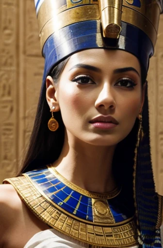 Masterpiece、wallpaper、8k、Nefertiti photo,Queens of Ancient Egypt, Beautiful woman&#39;s bright smile, Age 27, Very detailed, Perfect Anatomy, Perfect Face, Egyptian background with the Nile, Poetic scene  