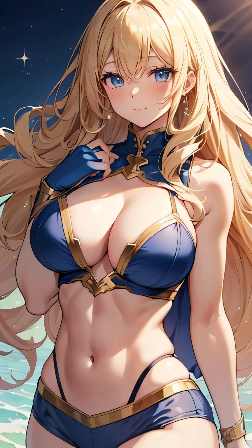 Sensual, Long blonde curly hair, Thick thighs, 8k,  Highest quality, High resolution、Cute anime face, Noise Reduction, Sparkling blue eyes, A kind smile, Kind eyes、Toned Abs, Muscular arms, Muscular legs,  Young Face, Anime Eyes, (((Big Breasts、A chest that&#39;s about to burst)))、(((Bondage Style)))、(((Rear View、I&#39;Will turn around、Thongs that dig into your butt)))