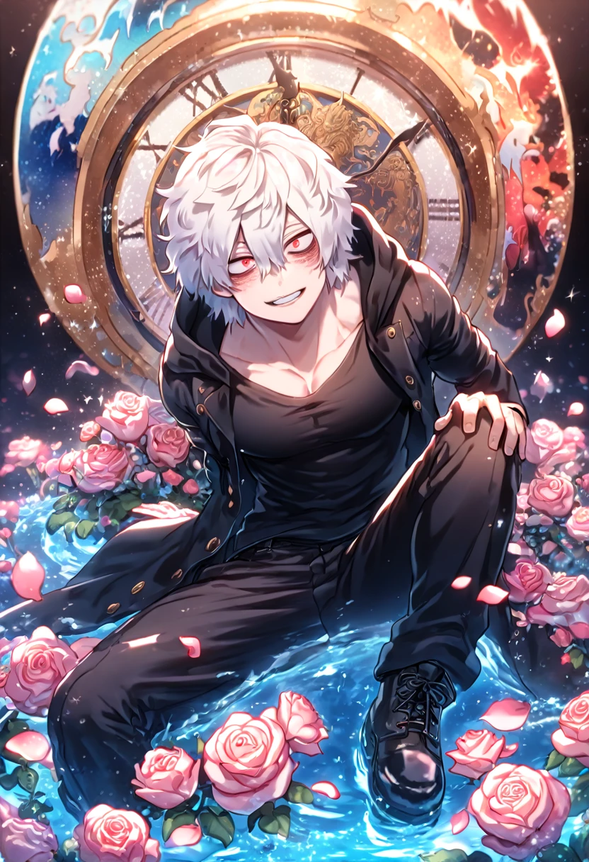 absurdres, highres, ultra detailed, HDR, masterpiece, extremely detailed, Shigaraki Tomura, white hair, expressive red eyes, Boku No Hero Academia, solo, sexy man sitting, handsome, sensual, horny, black hooded coat, black T-shirt, black pants, water, magical, fantasy, glittering, shining, pink roses, blossoms, petals, in woderland, clock, manly man