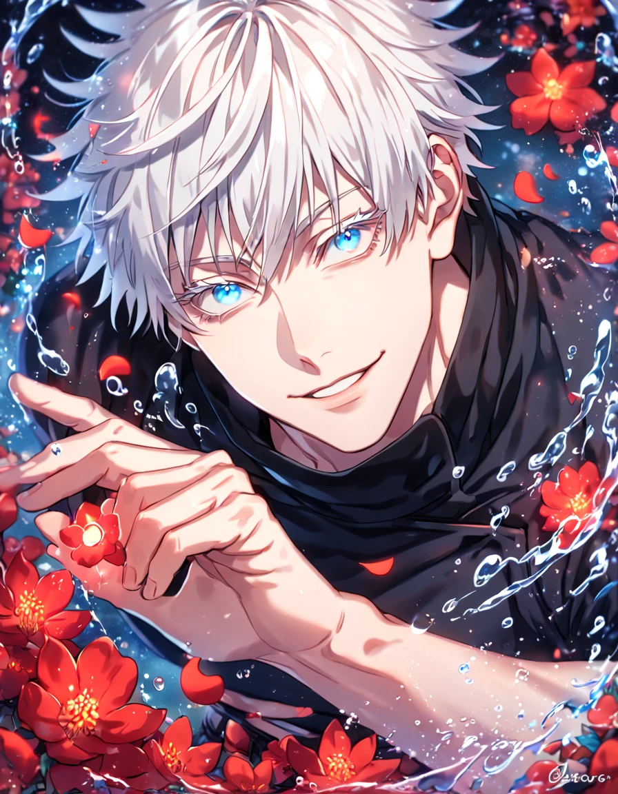 absurdres, highres, ultra detailed, HDR, master piece, Gojou Satoru, white hair with bangs, white eyelashes, expressive blue eyes, black clothes, Jujutsu Kaisen, sexy man, handsome, best quality, red glittering crescent moon, red flowers, fantasy, magical, solo, water, red shining fireflies, red petals, sensual, horny, manly man, handsome smile,