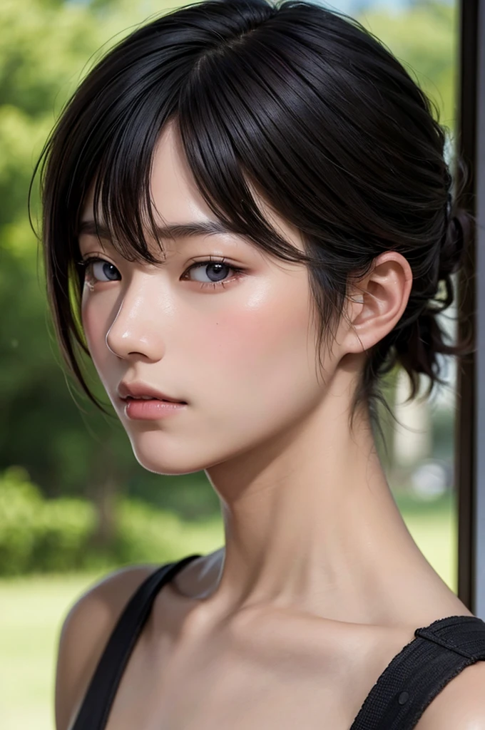a young Japanese man of eighteen years of age, have fair skin, His eyes are blue and his hair is in an emo style with bangs covering part of his eye on the left side., the young man is six feet tall and two centimeters tall. captured in an ultra-realistic full HD 4K portrait, detailed texture showing its menacing shape, Immersive atmosphere, high definition shadow play, digitalpainting, nevoa no environment.