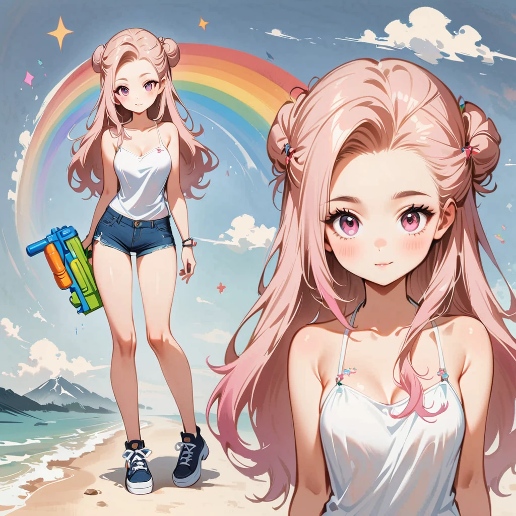 1 person,camisole、Wearing short jeans pants、Pink eyes,(Pale pink girl)、(((Long Hair))),Forehead exposed bun hairstyle、Paint a rainbow on a blue sky background、Play with a water gun、Cartoon style character design，interesting，interesting，Clean Lines