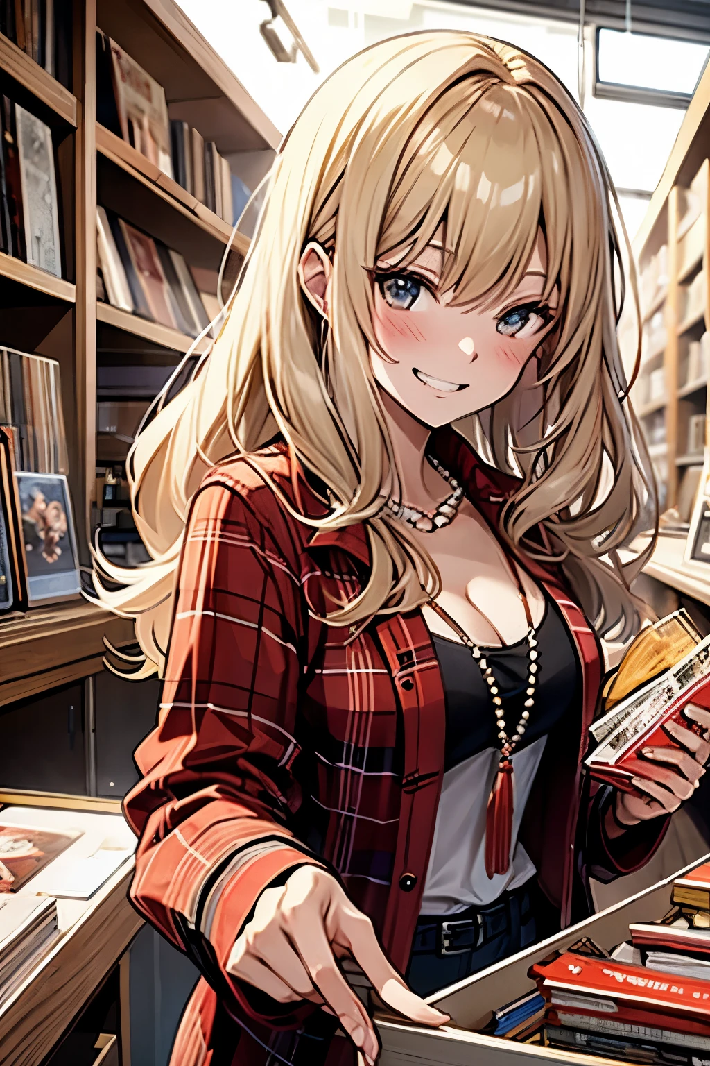 woman, jacket, red flannel, blonde, pearl necklace, in a record store, grin, blush