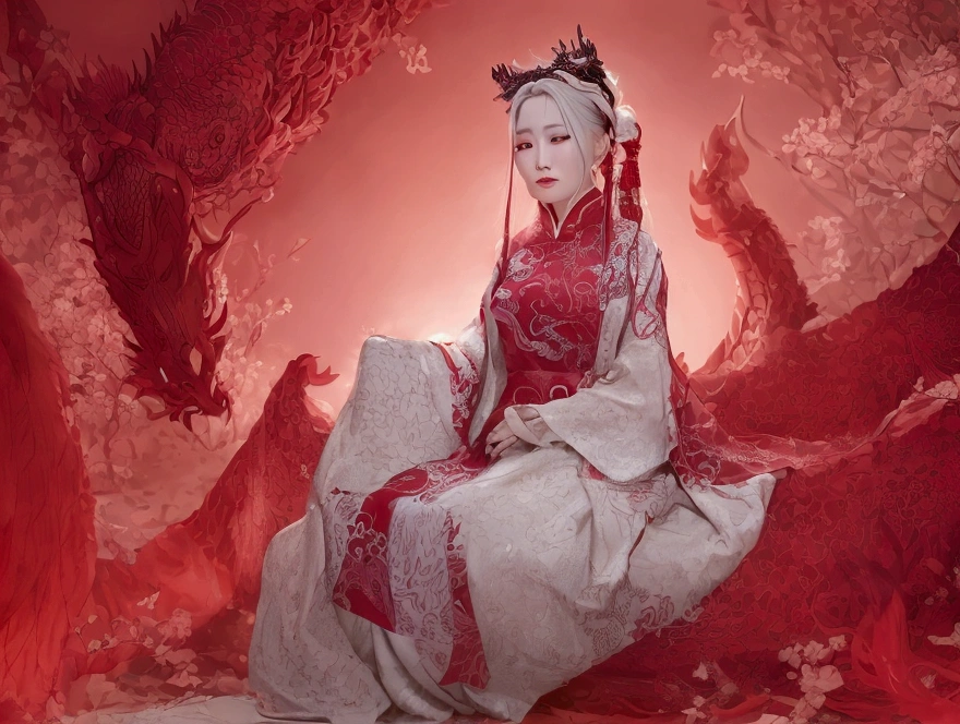 {A highly detailed and elegant illustration of a beautiful Chinese woman with long white hair. She is dressed in traditional white and red attire, adorned with intricate accessories. The background features a majestic dragon coiled around her, adding a mystical and powerful atmosphere. Her expression is calm and serene, reflecting a sense of wisdom and strength. The composition emphasizes the intricate designs on her clothing and the dragon's scales, creating a visually captivating and harmonious image. --ar 16:9 --stylize 750 --v 6}
