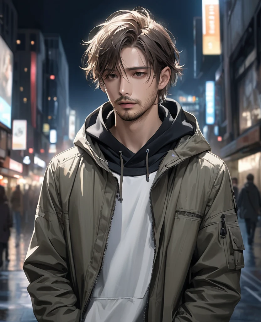 masterpiece, best quality, realistic, 1man, quiet young man, 21 years old, background: city at night, ((Dressed in grey military jacket)), shoulder length hair, dark brown hair, skinny, depressed look, full stubble facial hair, medium hair, unkempt appearence, messy hair, masculine features, toned but thin, stubble facial hair, looking worn down, caucasion, white boy, facial hair, stubble, beard stubble, not muscular, wearing black hoodie underneath