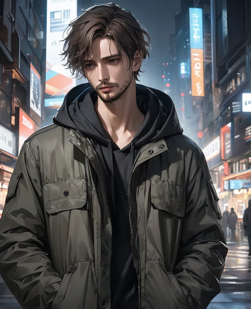 masterpiece, best quality, realistic, 1man, quiet young man, 21 years old, background: city at night, ((Dressed in grey military jacket)), shoulder length hair, dark brown hair, skinny, depressed look, full stubble facial hair, medium hair, unkempt appearence, messy hair, masculine features, toned but thin, stubble facial hair, looking worn down, caucasion, white boy, facial hair, stubble, beard stubble, not muscular, wearing black hoodie underneath