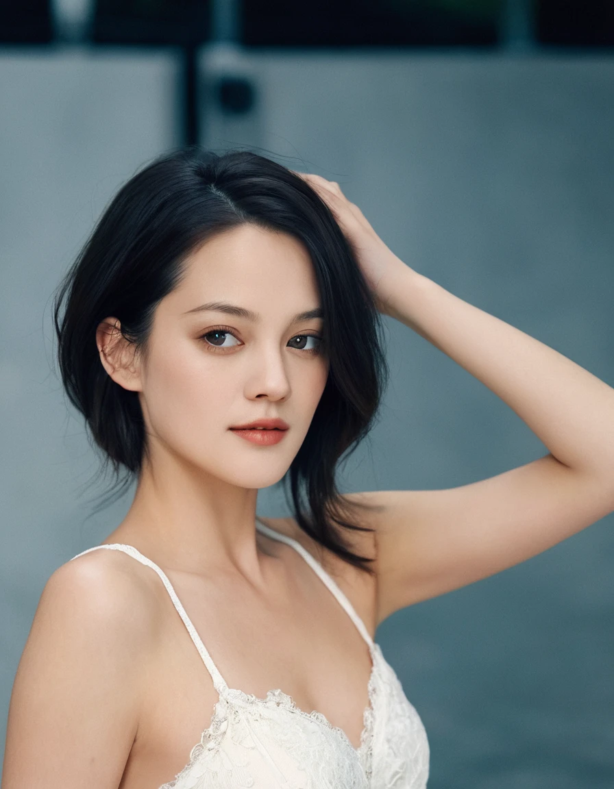 xxmixgirl, quite a bit body of a beautiful long and slender cute face Japanese girl, A gorgeous young cute asian woman in a sexy glamourous outfit, happy smiling, still from the film, ((young Marion Cotillard face : 1.2)), ((young Anne Hathaway face: 1.0)), from front, realistic portrait photo of a cute 21 years old girl, looks at viewer, wavy nose, full lips, natural skin, skin moles,(cinematic, film grain:1.1), ((asian winged eyes, very long and slender slim face, windy tousled, very long straight black hair)), pretty eyes, gorgeous, sexy, alluring, makeup, perfect face, seductive look, A fashion show in wedding costume, short white lace dress, white lace stockings, white high heel sandals, white corset, blonde hair in braids, 4K, Fashion show situation , a virtual audiences, futuristic colour, place, (Leica SL3, Summicron-SL 75 f/2 ASPH, kodak Ektar 200 film), hands up, bokeh, silhouette, shallowed depth of field, dynamic action pose, hands up,