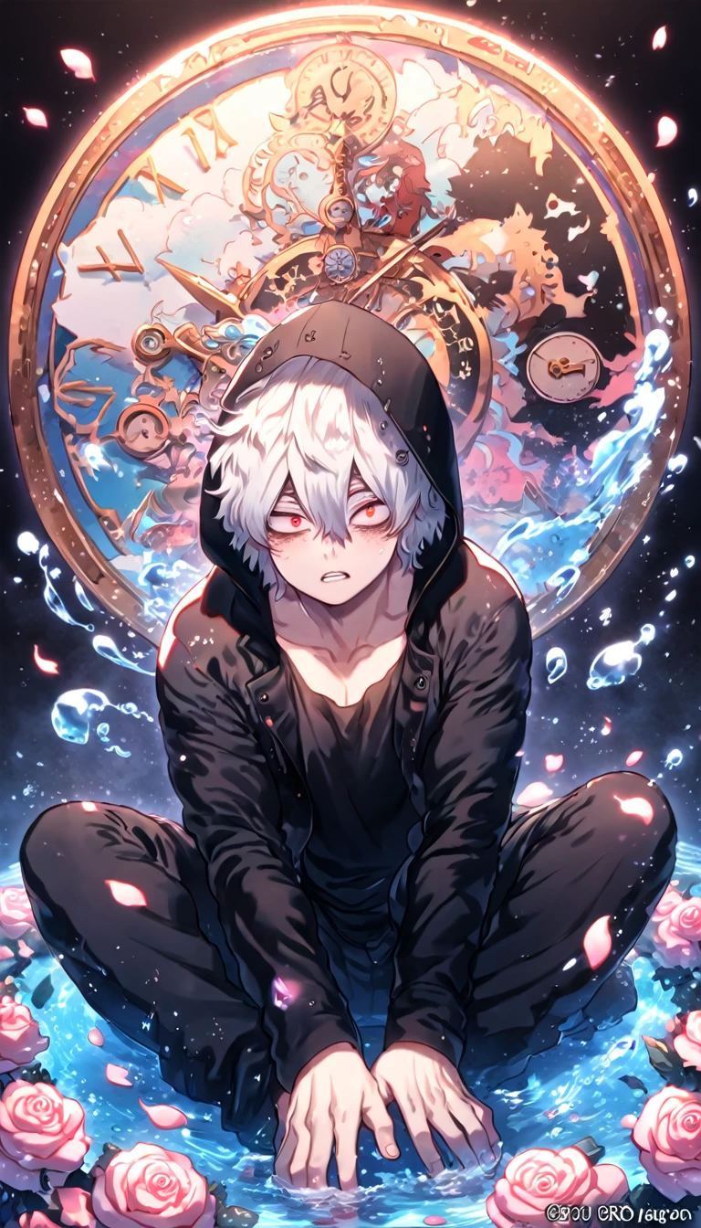 absurdres, highres, ultra detailed, HDR, masterpiece, extremely detailed, Shigaraki Tomura, white hair, expressive red eyes, Boku No Hero Academia, solo, sexy man sitting, handsome, sensual, horny, black hooded coat, black T-shirt, black pants, water, magical, fantasy, glittering, shining, pink roses, blossoms, petals, in woderland, clock, manly man