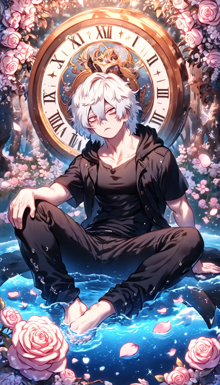 absurdres, highres, ultra detailed, HDR, masterpiece, extremely detailed, Shigaraki Tomura, white hair, expressive red eyes, Boku No Hero Academia, solo, sexy man sitting, handsome, sensual, horny, black hooded coat, black T-shirt, black pants, water, magical, fantasy, glittering, shining, pink roses, blossoms, petals, in woderland, clock, manly man